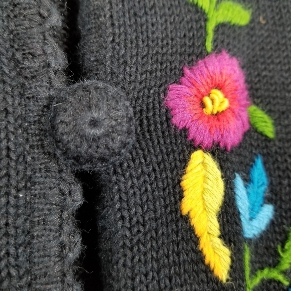 Cardigan Sweater Collar Embroidered Floral Covered Button Long Black Size Large - Picture 8 of 10